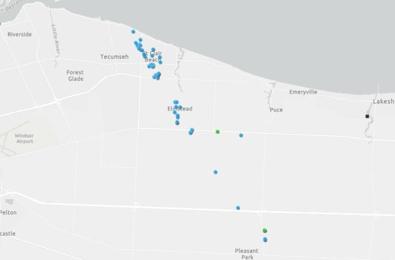 Map showing the locations of ground photos of damage from Tecumseh tornado.