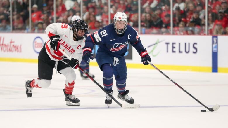 Two hockey players battle for the puck.