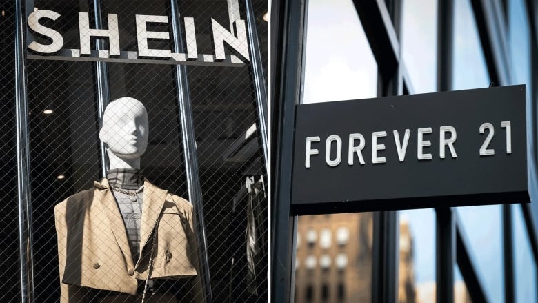 A mannequin in the window of a Shein store next to a Forever 21 store sign