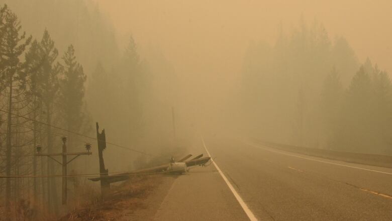 A smoky highway is pictured with trees barely visible through the smoke. 