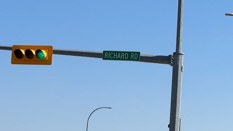 A streetlight with a green road sign that says Richard Rd.