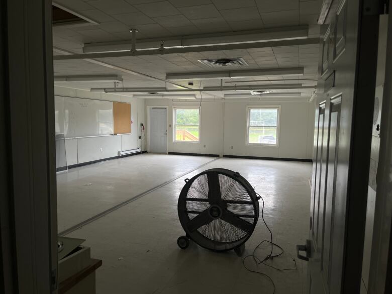 A large fan inside a dark and empty room.