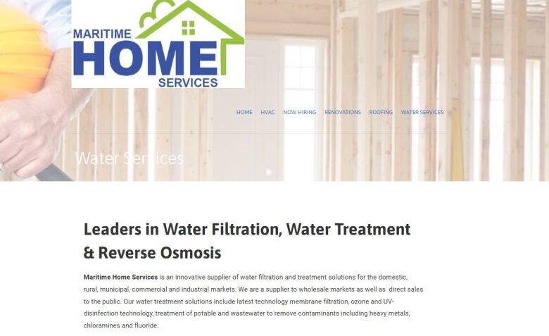 A screen grab from the Maritime Home Services website, in which the company says its 'water treatment solutions include latest technology membrane filtration, ozone and UV-disinfection technology, treatment of potable and wastewater to remove contaminants including heavy metals, chloramines and fluoride.'