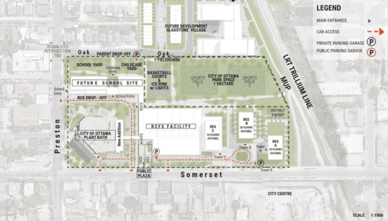 A city site plan around a street corner with an existing recreation centre.