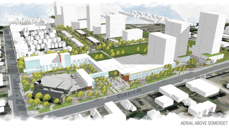 An architectural rendering of development on a city street corner around an existing rec centre and government building.