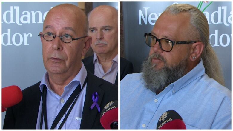 Two men stand at microphones speaking to the media.