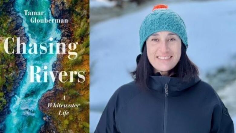 The book cover is an aerial photo of a river flowing vertically with rock and green grass on either side and a young woman in the winter wearing a teal coloured tuque and charcoal winter jacket