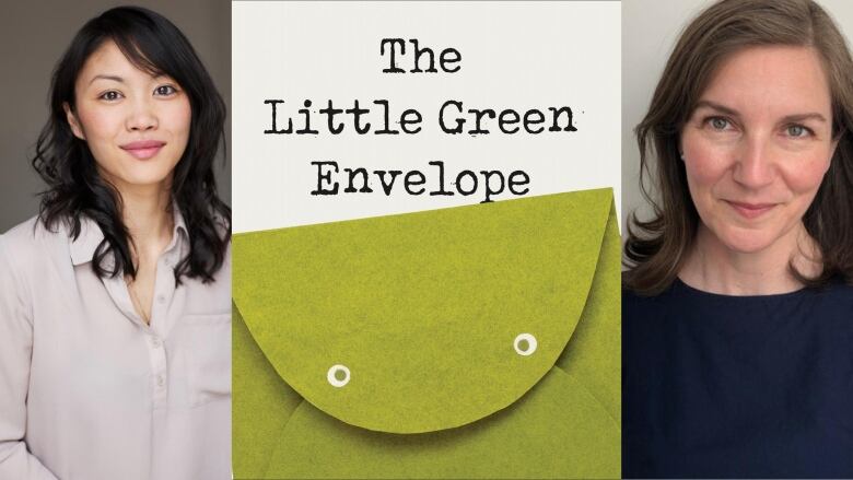 A woman with black hair smiles at the camera. A book cover of a green envelope. A woman with brown hair smiles at the camera. 