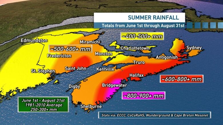 A large portion of the region saw more than double the average rainfall for the months of June, July and August . 