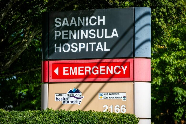 A sign that reads 'Saanich Peninsula Hospital' with the words 