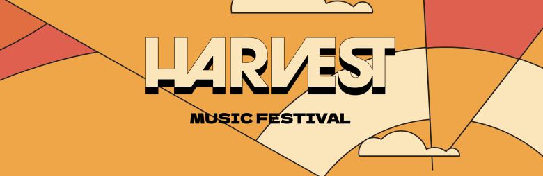 Poster of Harvest Music Festival - in reds and orange design of a sky. Over the sky are the words Harvest in a beige yellow and the words Music Festival under it in black text.