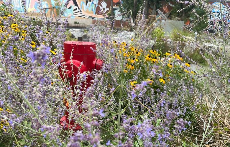 A bright red fire hydrant sits amid flowers.