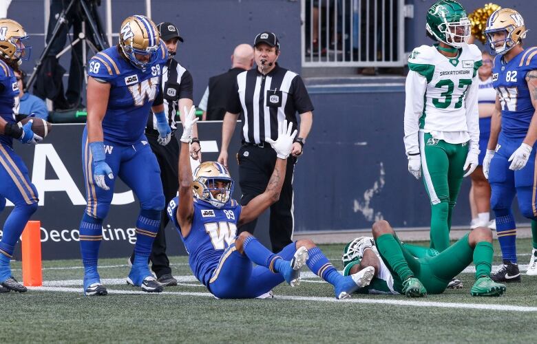 Winnipeg Blue Bombers' Kenny Lawler (89) celebrates his touchdown against the Saskatchewan Roughriders during the first half of CFL football action in Winnipeg Saturday, September 9, 2023.    