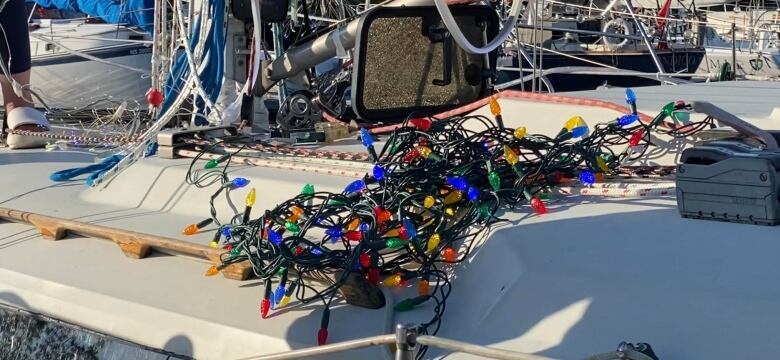 String lights on a dock.