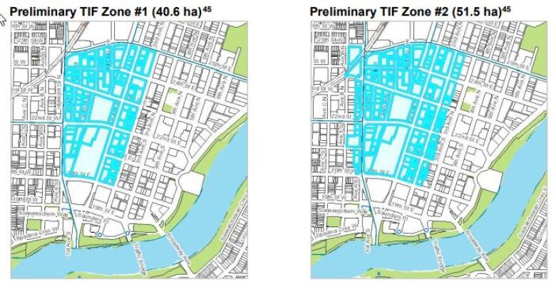 Two layouts of Saskatoon with areas highlighted in downtown area