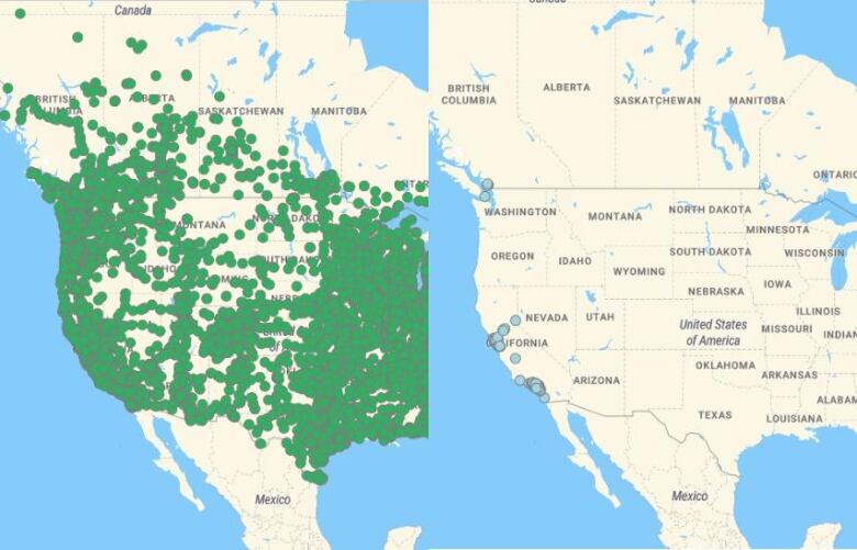 One map of many dots in western North America, and one with only a few in British Columbia and California.