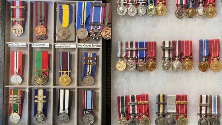 Medals in a display case.