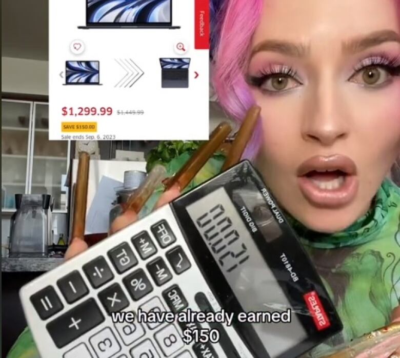 A TikTok creator with huge nails and pink-purple hair holds up a calculator showing 150.00 on the screen to the camera.