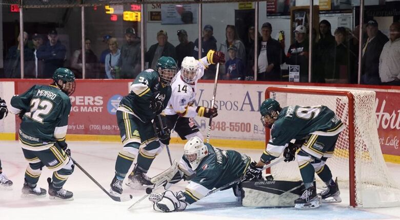 hockey players fight for a puck in front of the net, while fans standing along the boards look on 