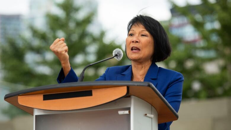 Toronto Mayor Olivia Chow speaks at the 2023 City of Toronto United Way employee campaign kick-off in Nathan Phillips Square.