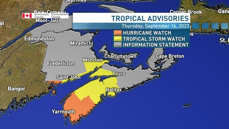 A map showing the tropical advisories in Atlantic Canada