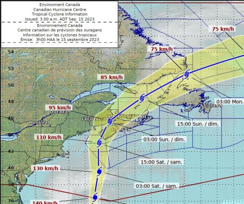 Map showing forecast track of Hurricane Lee.