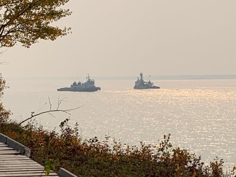 Two boats can be seen on the river.