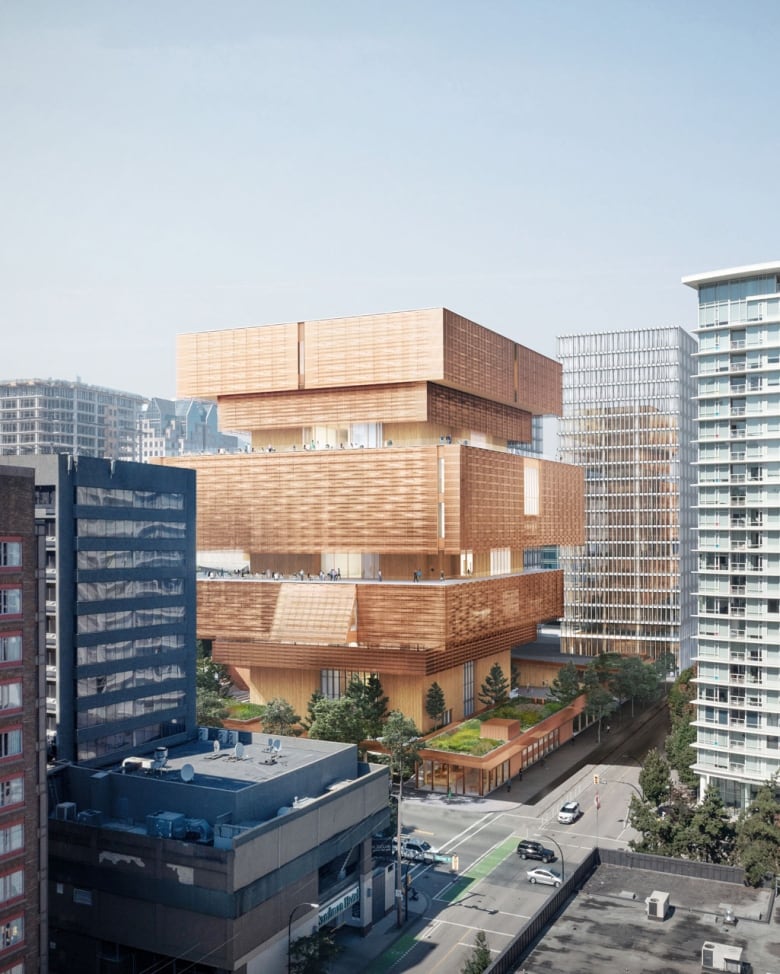 An artist rendering of a building covered in what looks like cedar weavings in a downtown core.