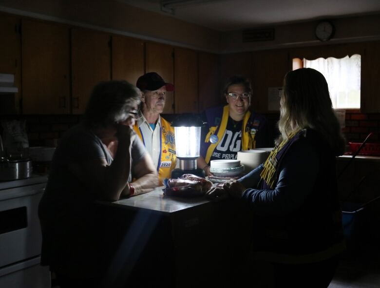 a group of men and women are standing around a camping lantern in a kitchen.