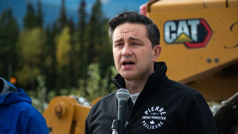 Conservative Leader Pierre Poilievre speaks during an event at a construction company in Whitehorse Sept. 15, 2023.