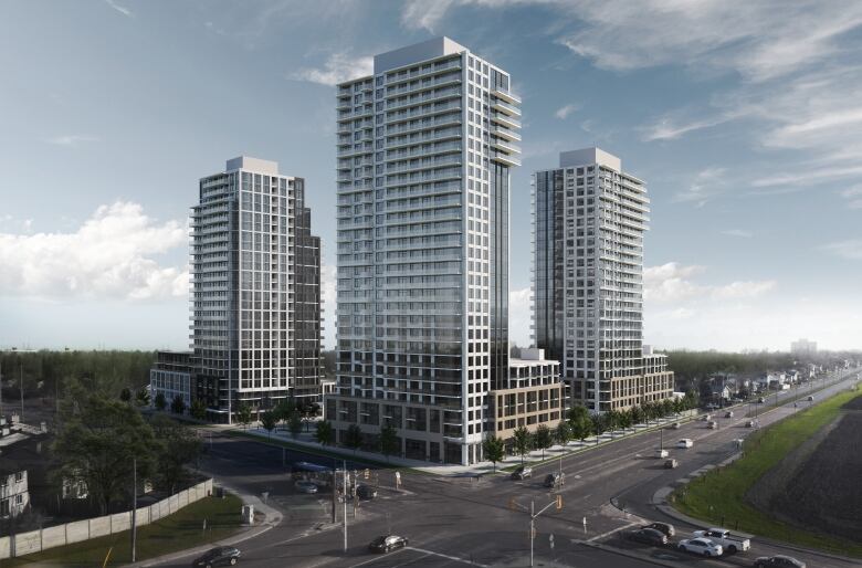 A rendering of three proposed highrise towers in a V shape on a street corner.