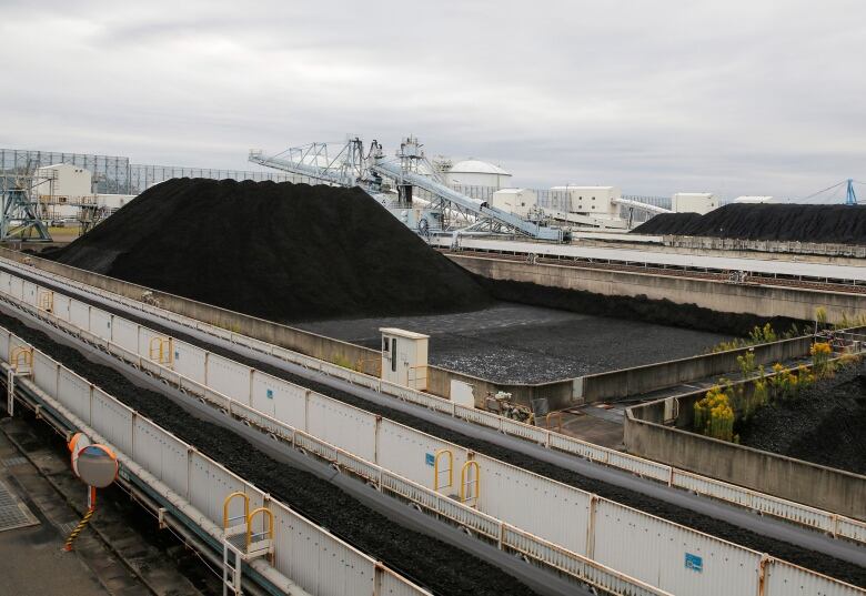 Coal piles are seen at JERA's Hekinan thermal power station in Hekinan, central Japan.