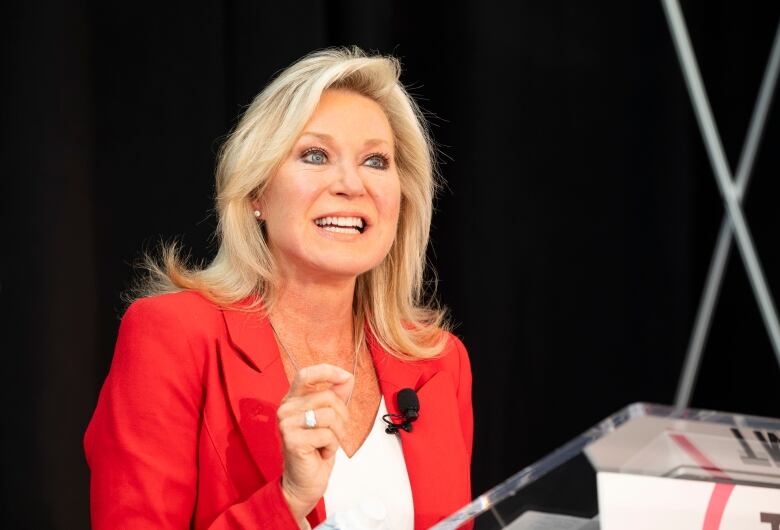 Mississauga Mayor Bonnie Crombie speaking at the Ontario Liberal leadership debate at Toronto Metropolitan University (TMU) on September 20, 2023.