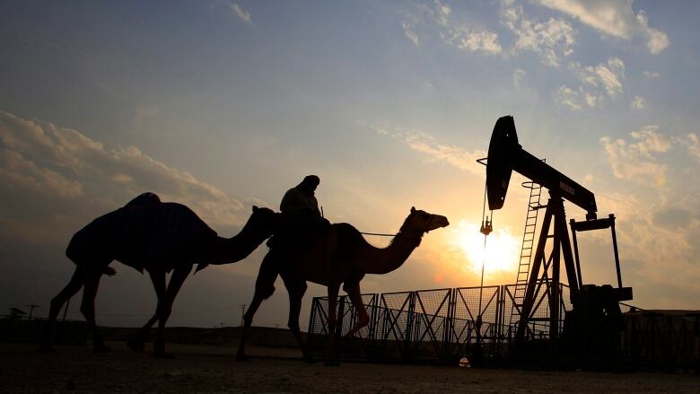 A man rides a camel near an oil field as the sun is setting.