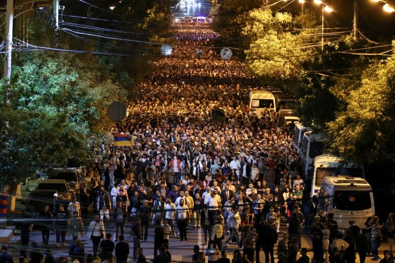 Demonstrators march in a street.