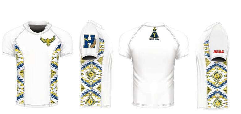 White rugby jerseys with a hawk on the chest and an H on the sleeve.