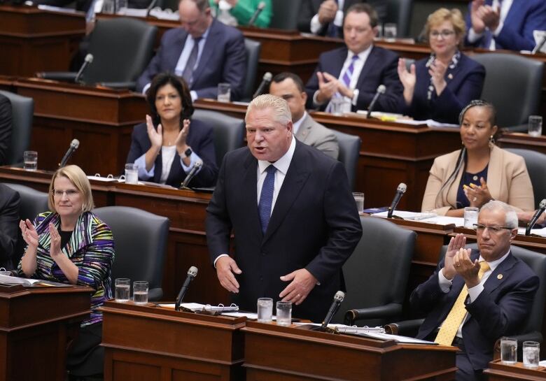 Ontario Premier Doug Ford, centre, responds to questions as members of Provincial Parliament returned to Queens Park for the fall session of the Ontario Legislature at Queens Park in Toronto on Monday, September 25, 2023.