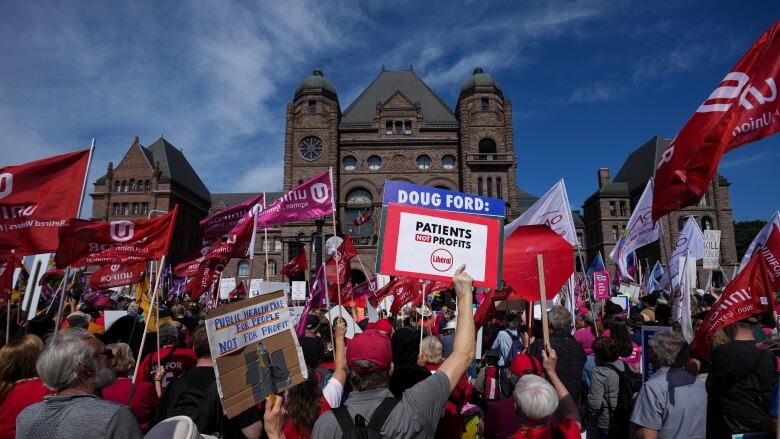 People protest against the Ontario health care system at Queens Park in Toronto on Monday, September 25, 2023. THE CANADIAN PRESS/Nathan Denette