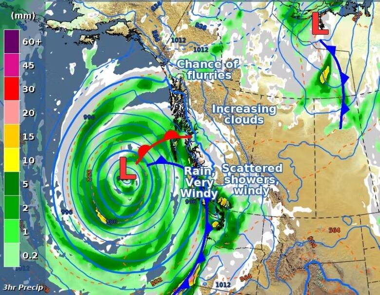 A map showing a cyclone off the coast of B.C.