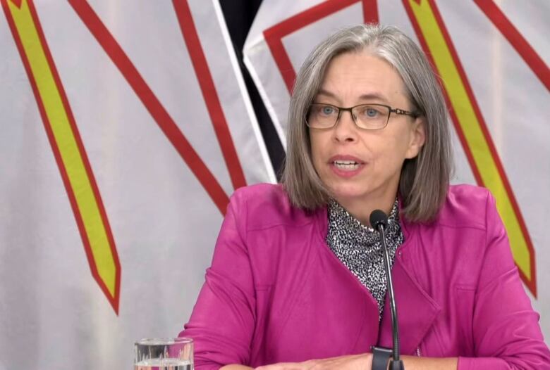 A woman with glasses and a pink jacket speaks at a desk in a briefing room. 