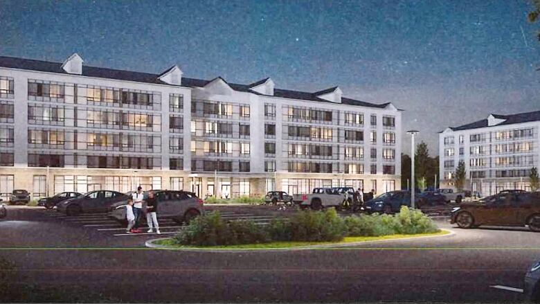 An artist's conceptual drawing shows two five-storey high apartment buildings at night with a parking lot in front.