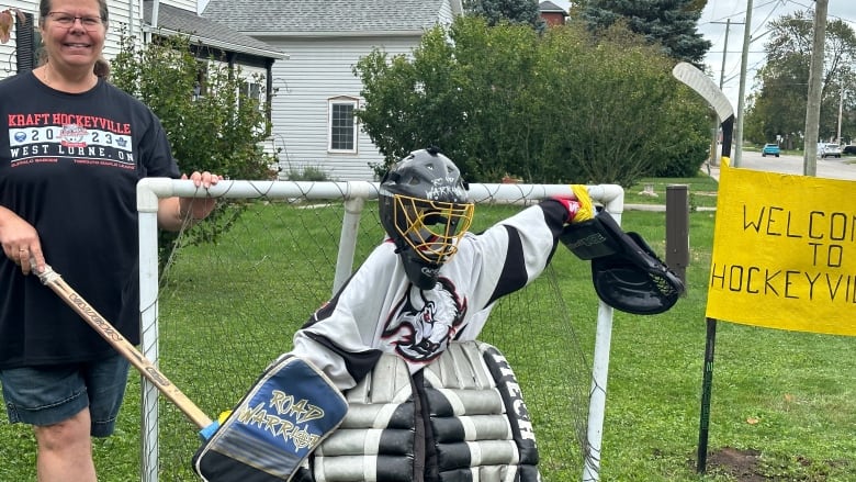 Theresa Morton's husband set up a scarecrow goalie, with a sign reading 