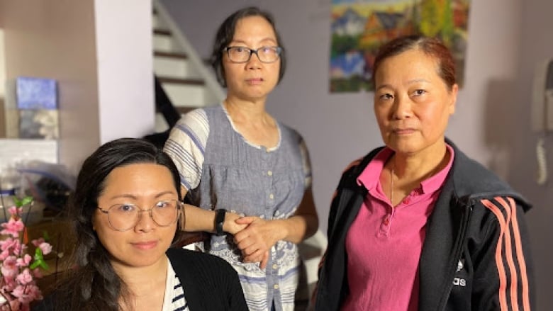 Three alleged victims of Peggy Chan are pictured together. Tina Li (left), Eunice Chan (middle) and Shirley Xialian He (right). 