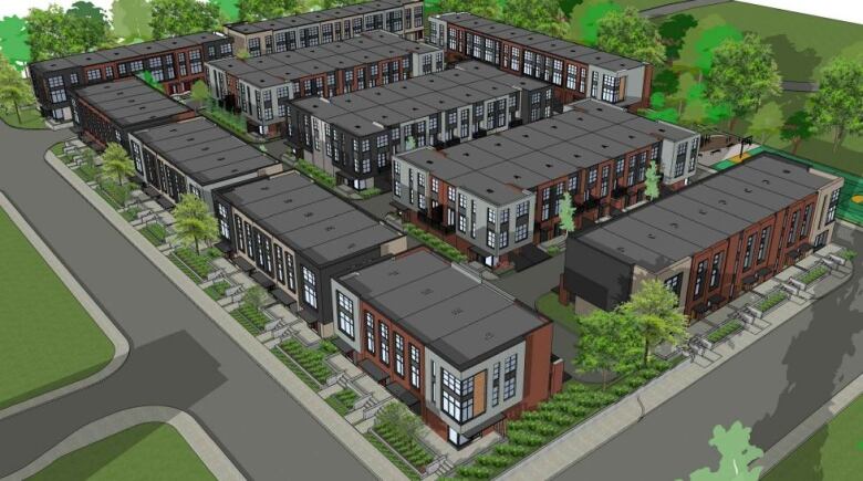 an aerial illustration of a number of brown and grey townhomes