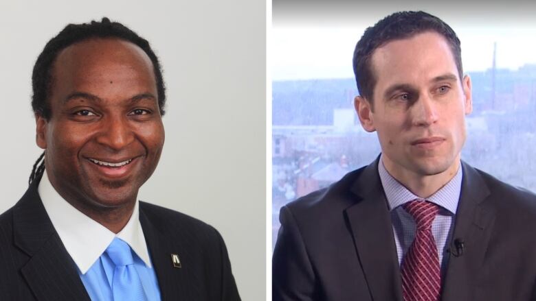 A side by side image features a Black man with locks on the left who is wearing a black suit and a blue shirt. On the right there is a white man wearing a black suit and a gingham shirt.