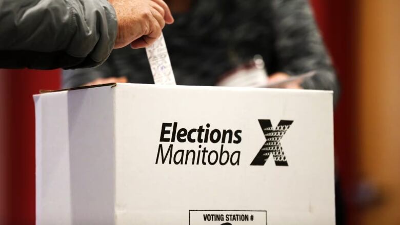 A close up of a man's hand putting a piece of paper into a ballot box