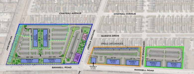 A map from the developer uses dotted lines to show the first two phases of the proposed project with solid orange and green lines showing future plans for nearby lots. 