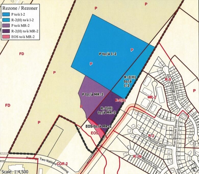 A map shows the zoning changes that were made to lands just west of the north end of Cliffe Street in Fredericton.