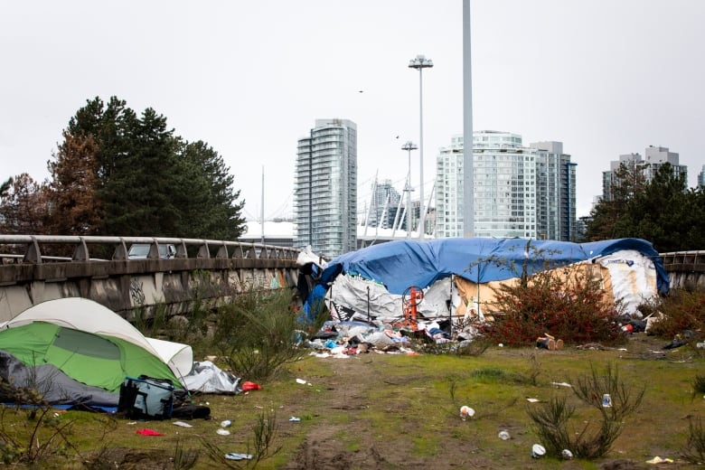 Tents are shown set up next to a highway overpass.