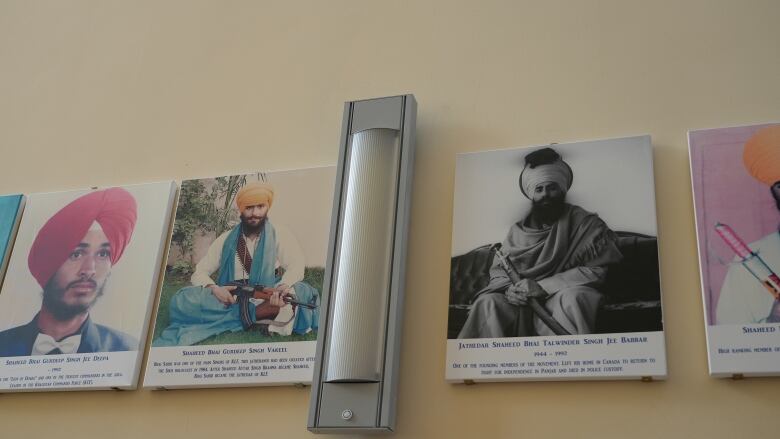 On the wall of the main hallway in the Smethwick Sikh temple near Birmingham hangs photographs of so-called martyrs for the cause of an independent Sikh homeland.  Among them is Talwinder Singh Parmar (black and white) leader of the Babbar Khalsa who masterminded the 1985 Air India bombing that killed 329 people,  most of them Canadians.